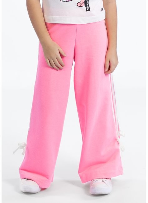 calca de moletom infantil com cadarco lateral e laco rosa neon 1