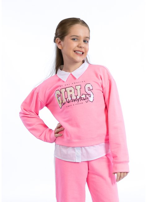 blusao infantil moletom gola camisa paete reversivel rosa neon 5 4