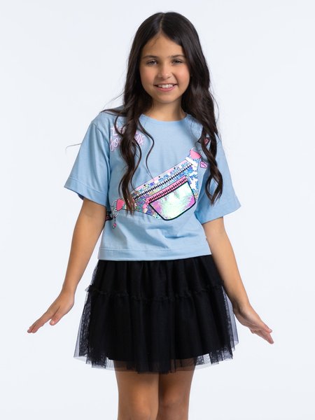blusa infantil pochete paete glitter tnt nacarado azul 1