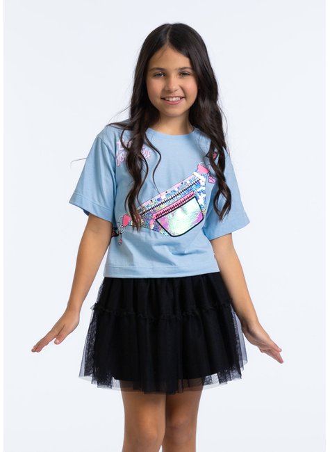 blusa infantil pochete paete glitter tnt nacarado azul 1