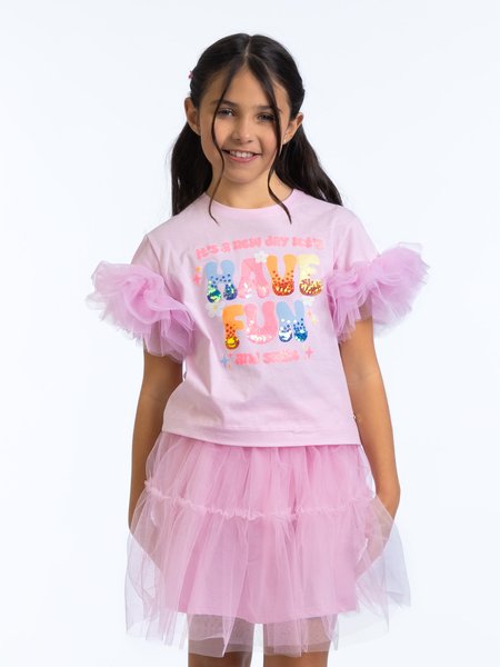 blusa infantil tule lettering glitter paete rosa 1