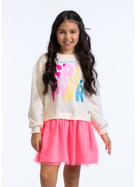 vestido infantil tule moletom glitter paete reversivel off white 1