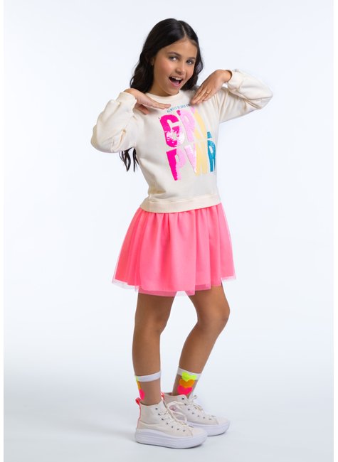 vestido infantil tule moletom glitter paete reversivel off white 4