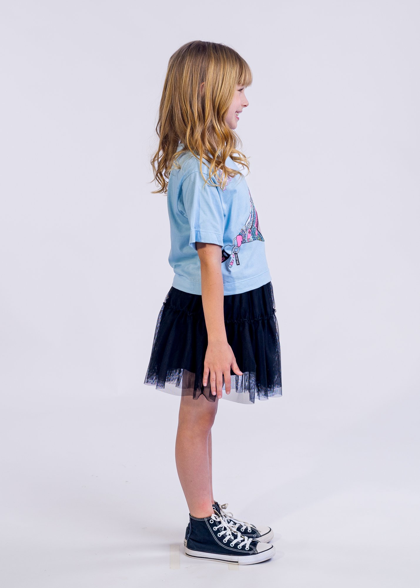 Blusa Infantil Pochete Paetê Glitter TNT Nacarado Azul