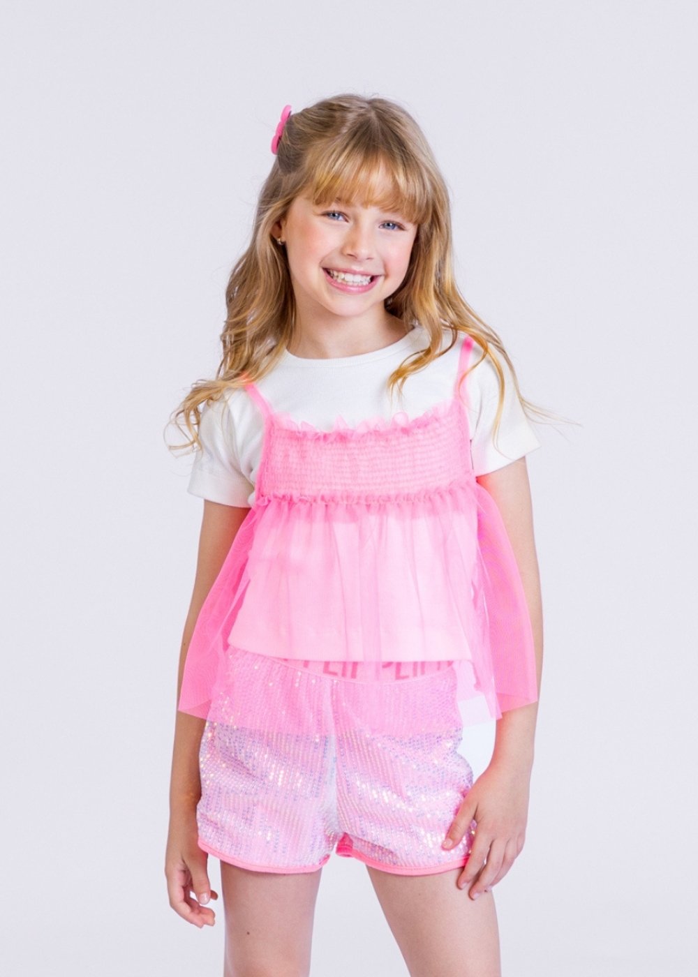 ★neann★ FOIL PRINT BABY TUNIC TOP Blusa Infantil Sobreposição Tule Frizado Latex Neon Plii